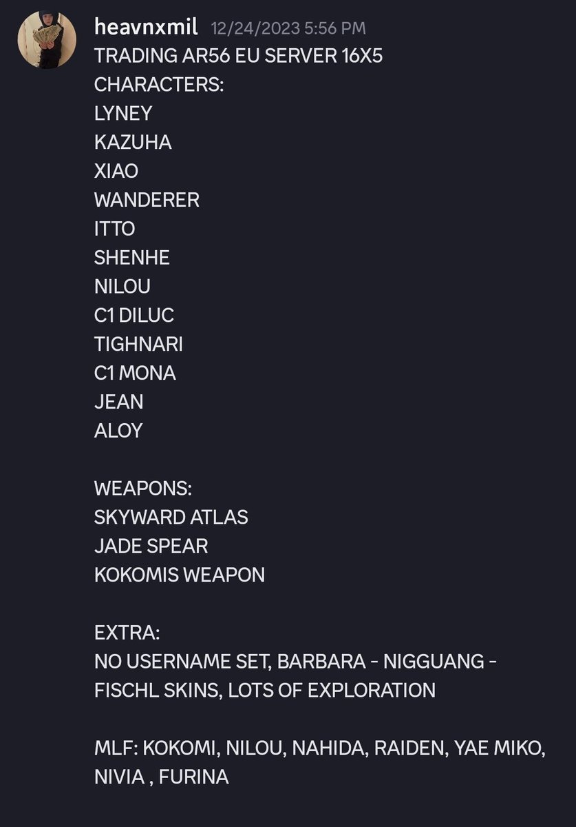 - Trading genshin impact account AR56 EU 16X5 FOR ROYALE HIGH, ADOPT ME, FN SKINS, VBUCKS, ROBUX! 
#royalehigh #rh #roblox #adoptme #crosstrade #genshinimpact #royalehightrading #robux