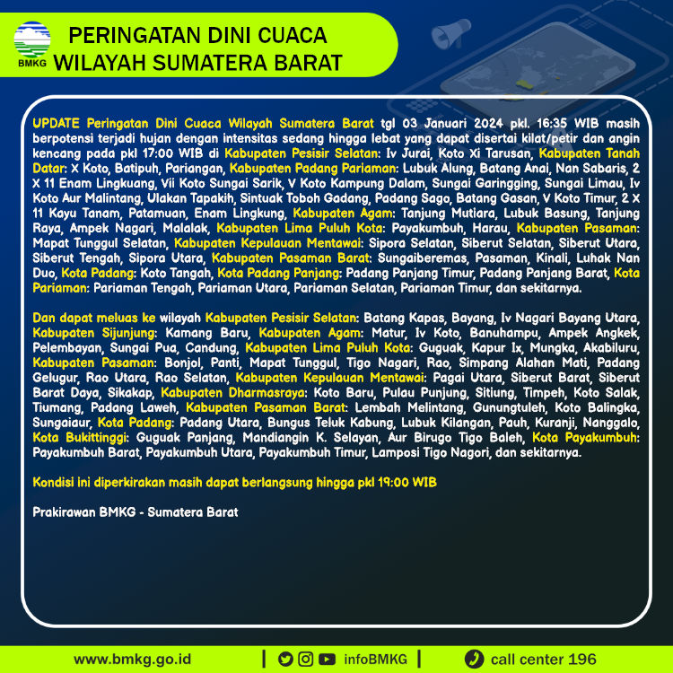 Update Peringatan Dini Cuaca Wilayah - Sumatera Barat Tgl. 03 Januari 2024 pkl. 17:00 WIB Prakirawan - BMKG - Sumatera Barat nowcasting.bmkg.go.id/nowcast?kodwil…