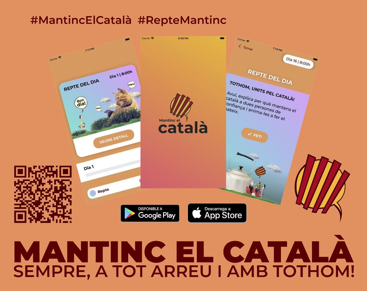 T'atreveixes a mantenir el català durant 21 dies? Demostra que ho pots fer amb la nostra nova aplicació:📱Repte Mantinc📱

📱 Descarrega-la gratuïtament a la nostra web i comparteix-la amb qui encara no manté el català!
mantincelcatala.cat