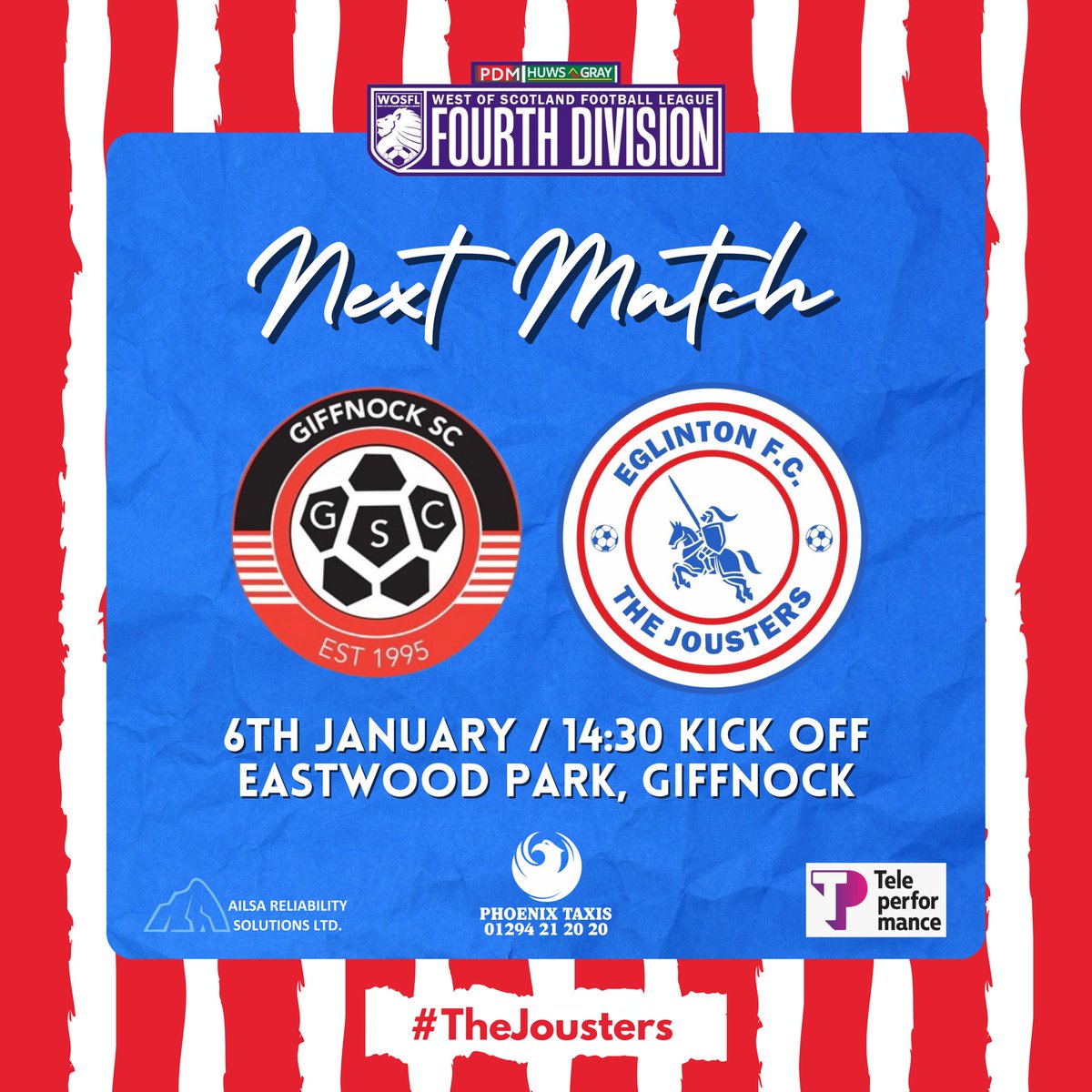 eglinton_fc's tweet photo. ⚽️ N E X T    M A T C H 🇦🇹

We start the New Year away to @GiffnockWOSFL in the @OfficialWoSFL 4th Division. 

Kick Off is 14:30 at Eastwood Park, Giffnock. 

#TheJousters https://t.co/Ld0uo7Fz6p