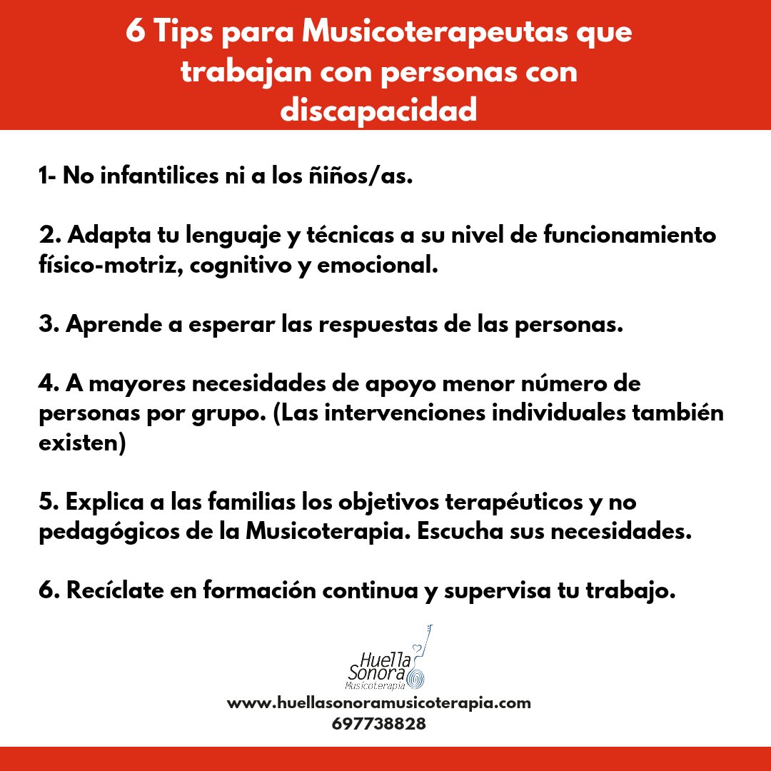 Feliz día.
Compartimos estos 6 tips para Musicoterapeutas que trabajan con personas  con discapacidad.

#Musicoterapia #Musictherapy #Musicoterapeuta #Musictherapist #discapacidad