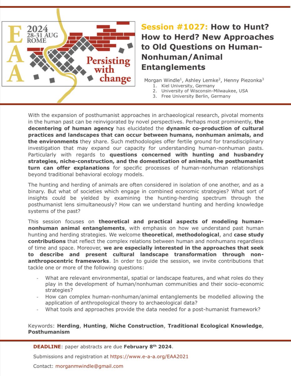 morganwindle's tweet photo. Come talk posthumanism in Rome! Check out the #EAA2024 session 1027: “How to Hunt? How to Herd?”

Co-hosted with @HPiezonka &amp; Ashley Lemke, we welcome case studies, theory, methods and everything in between! Deadline is Feb. 8th! 

@archaeologyEAA https://t.co/ZmgBvjrnRM