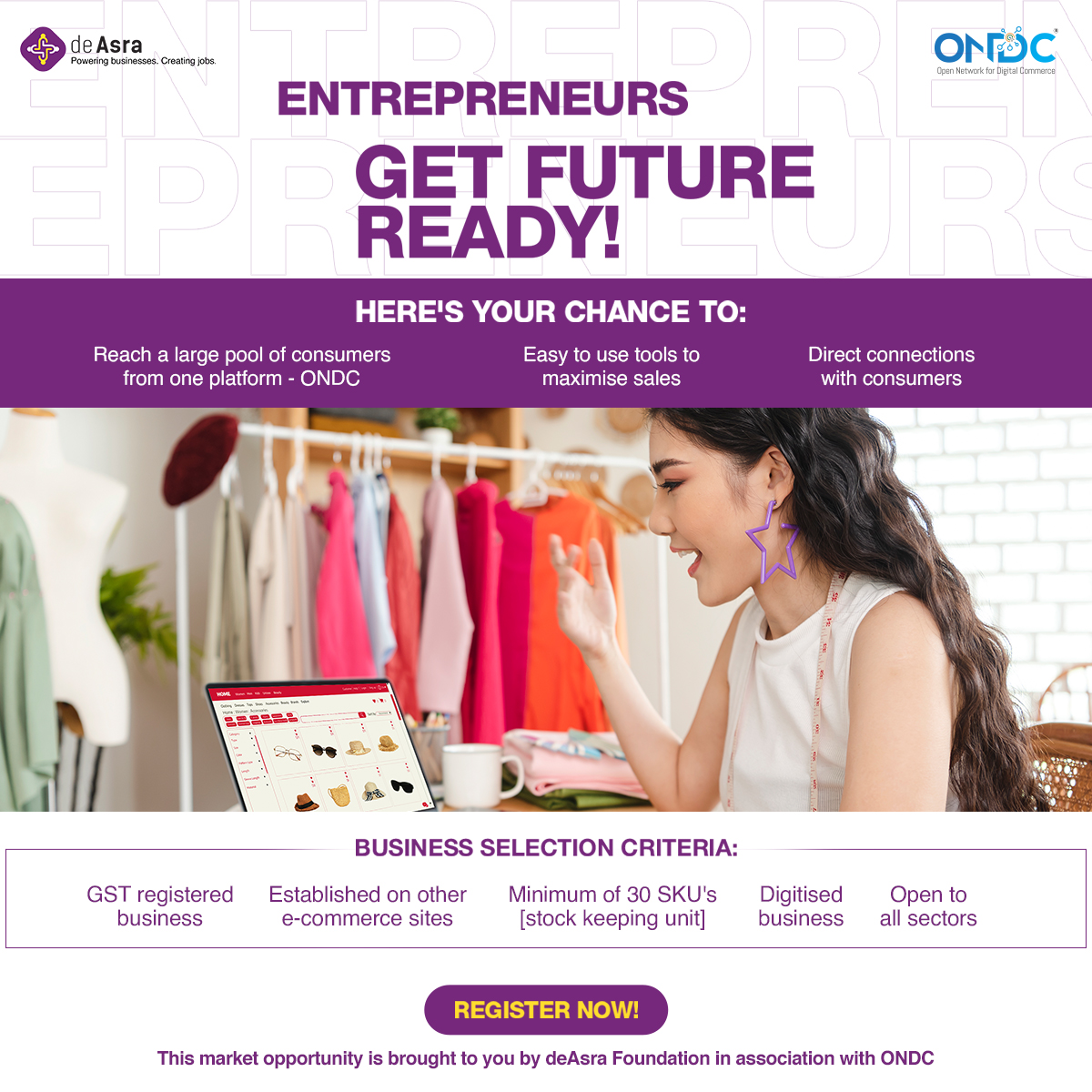 deAsra_FDN's tweet photo. Join deAsra Foundation & @ONDC_Official for a game-changing opportunity! π€
GST-registered entrepreneurs with 30+ SKUs step up!
Experience fair competition, seamless integration, and a wider customer reach. All businesses are welcome!
Register now - https://t.co/2R2jNQnwzG https://t.co/8tUoy4nUEa
