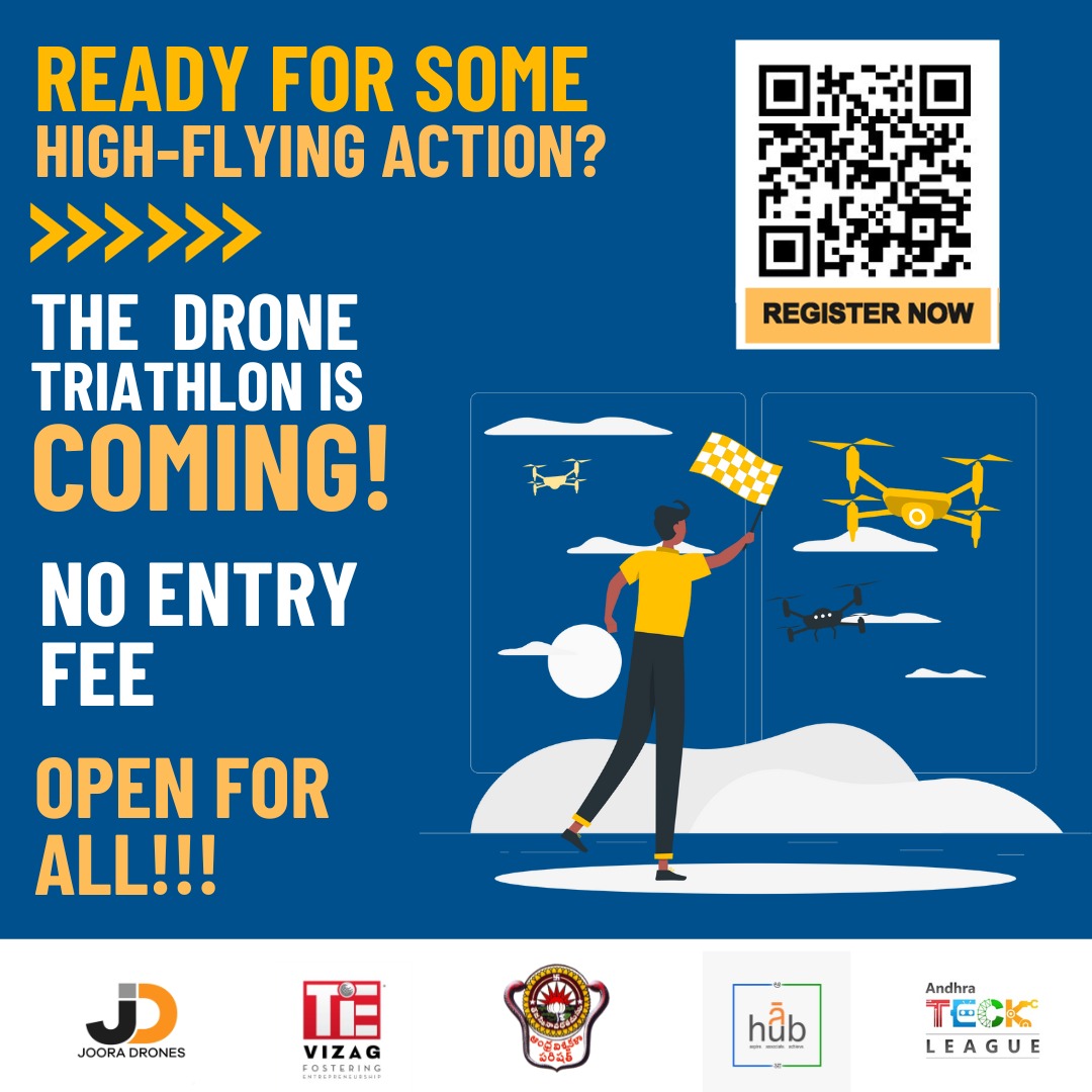'🚁 Visakhapatnam Drone Triathlon! 🏆 3 challenges, 1 ultimate test of skill! Speed, agility, precision - show your drone mastery! Join with friends, design your drone. Jan 27, 2024! FREE registration! Fly high to victory! #DroneTriathlon #Visakhapatnam #TechCompetition 🛸✨'