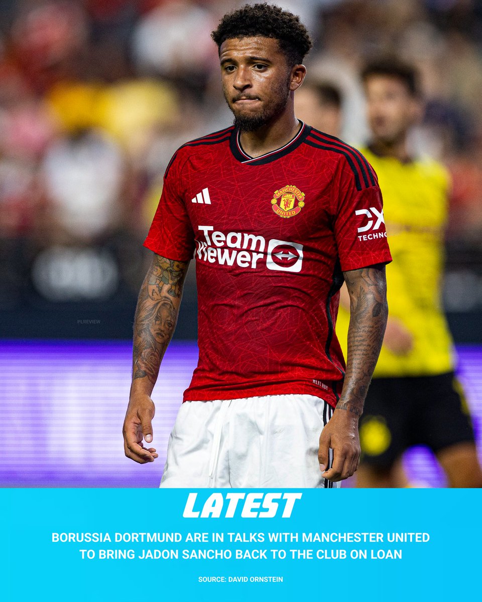 plreview27's tweet photo. TRANSFER NEWS:

Borussia Dortmund are in talks with Manchester United as they look to bring Jadon Sancho (23) back to the club on loan. 🤝🏻

[Via @David_Ornstein - Very Reliable] https://t.co/zgL6Ottj5K