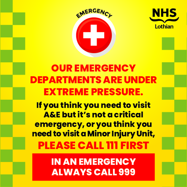 ‼️ A&E is under extreme pressure If it’s not a critical emergency, you face a very long wait if you come to A&E. If it's not critical but you think you need to be seen urgently, please call your GP or NHS 24 on 111 who will direct you to the right place for your needs.