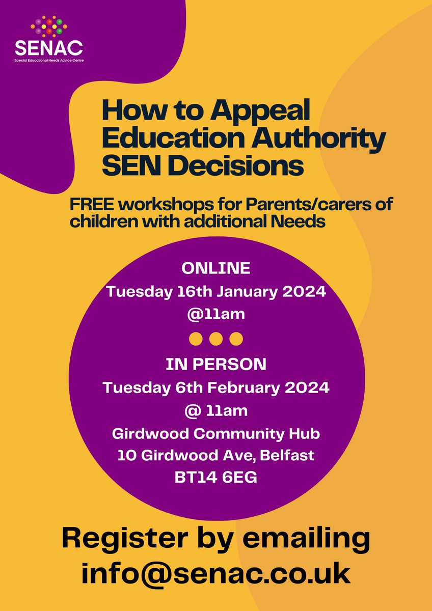 Free online workshop for parents/carers of children with addtional needs - 'How to appeal Education Authority SEN decisions from @SENACNI. Details below👇