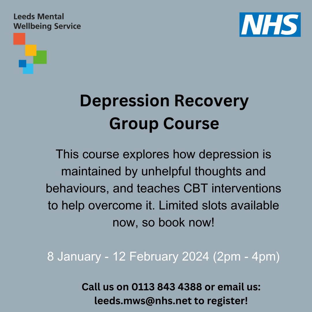 Five days to go until our Depression Recovery Group workshop! 🎉 Don't miss out on this opportunity to learn valuable techniques towards overcoming depression. Email us at: leeds.mws@nhs.net or ring us on 0113 843 4388 to register! 
#MentalHealthSupport #WinterWellness #Leeds