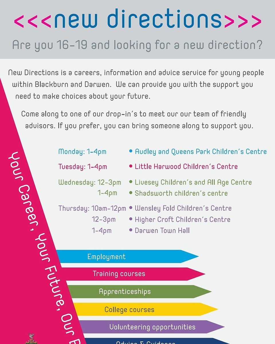 BwDnewdirection's tweet image. Happy New Year! Just a reminder about where you can find the New Directions team this week. Contact us on 01254 666424 for an appointment, help and support!