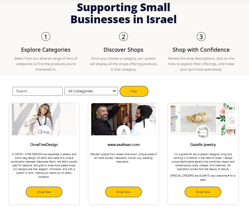 HilzFuld's tweet photo. Amazing. 

Two Israeli startup founders were called up for reserves. During their service, they came up with this business. 

The idea is simple: championing Israeli online shops by showcasing them to communities worldwide that fervently support Israel. 

Here is the site: https://t.co/x64rMIcPph.

More than 500 Israeli online stores have joined their list in just 10 days, and the numbers continue to surge.

It's 100% free for Israeli shops to join - no commissions whatsoever. They are simply the bridge connecting Israeli businesses with supporters eager to fortify the Israeli economy.

Whether it’s some gifts, toys, jewelry, or ceramics, they have you covered. 

Really beautiful initiative.