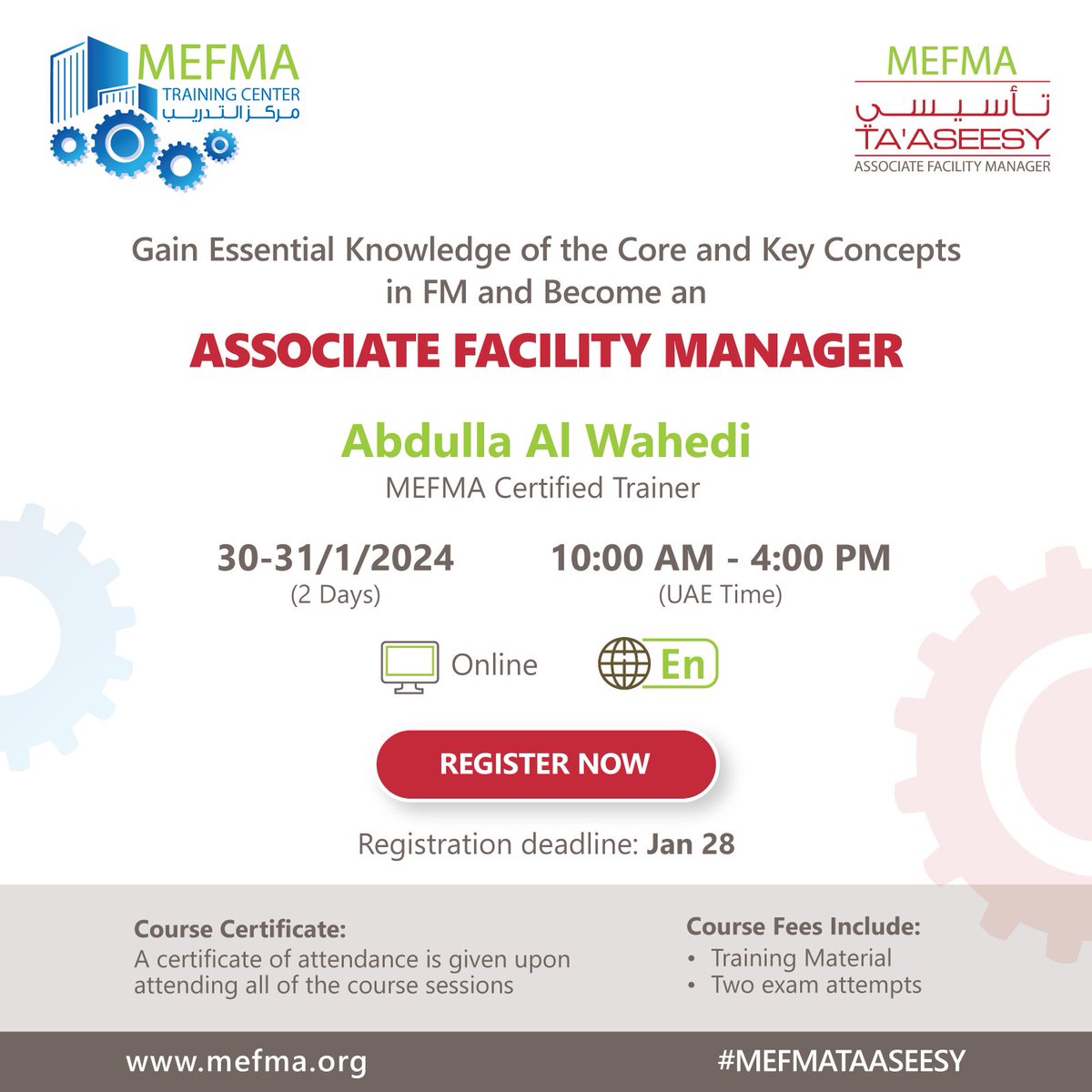 MEFMA's tweet image. Make 2024 your year of professional growth! Join TA’ASEESY course to gain expertise in the FM industry key concepts and best practices.

mefma.org/mevents/taasee…

#FacilityManagement #FacilitiesTraining #FacilityMaintenance #FacilityOperations #BuildingManagement