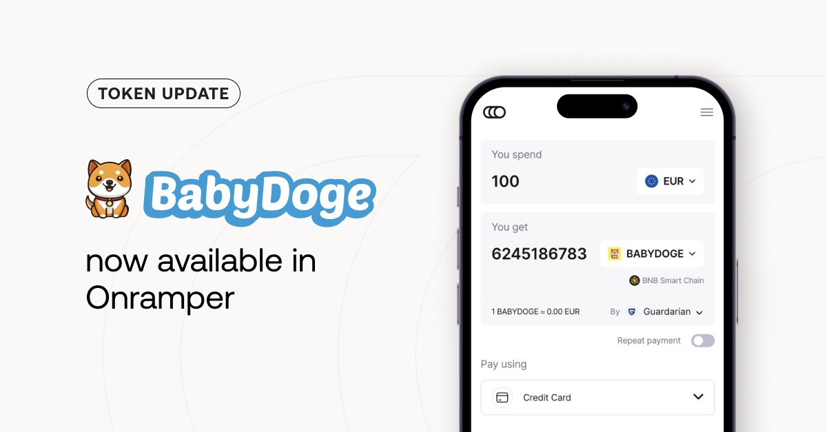 GetOnramper's tweet photo. 🚀Exciting news for the Babydoge community! @babydoge  Now, buying Babydoge tokens is easy with @GetOnramper 

Buy directly on our website or https://t.co/jnCZLL1Owm effortlessly. Also, shoutout to our partner @guardarian_com  for making it even easier! 🚀 

🇪🇺European crypto degens, get ready for more – DCA for Babydoge is now a reality! 

Don't miss out on the excitement, dive into the Babydoge frenzy!  #BabydogeToken #Onramper #Guardarian #CryptoDegen #memecoins