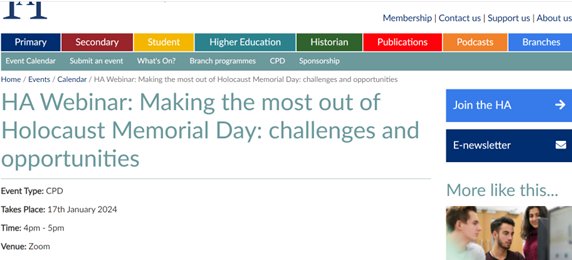 Holocaust Education (@ucl_holocaust) on Twitter photo Marking Holocaust Memorial Day 2024?
Please join Centre's <a href="/hmccord78/">Helen McCord</a> <a href="/OakmoorHums/">Oakmoor Humanities</a> <a href="/tompalmerauthor/">Tom Palmer</a> for <a href="/histassoc/">Historical Assoc</a>'s FREE online event on 17 January for ideas & discussion.
history.org.uk/events/calenda…
RT <a href="/soper_mr/">Corey</a> <a href="/AR_Pearce/">Andy Pearce</a> Marking Holocaust Memorial Day 2024?
Please join Centre's <a href="/hmccord78/">Helen McCord</a> <a href="/OakmoorHums/">Oakmoor Humanities</a> <a href="/tompalmerauthor/">Tom Palmer</a> for <a href="/histassoc/">Historical Assoc</a>'s FREE online event on 17 January for ideas & discussion.
history.org.uk/events/calenda…
RT <a href="/soper_mr/">Corey</a> <a href="/AR_Pearce/">Andy Pearce</a>