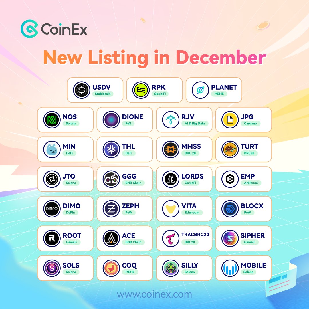 coinexcom's tweet photo. Check out #CoinEx's cool lineup from Dec 2023! 🌟 We dropped 54 new coins, featuring everything from #BRC20 and #Memecoins to #AI and #Ordinals. Which ones have you been trading? Let's talk crypto! 📊💥 https://t.co/SQdR5rXTgz