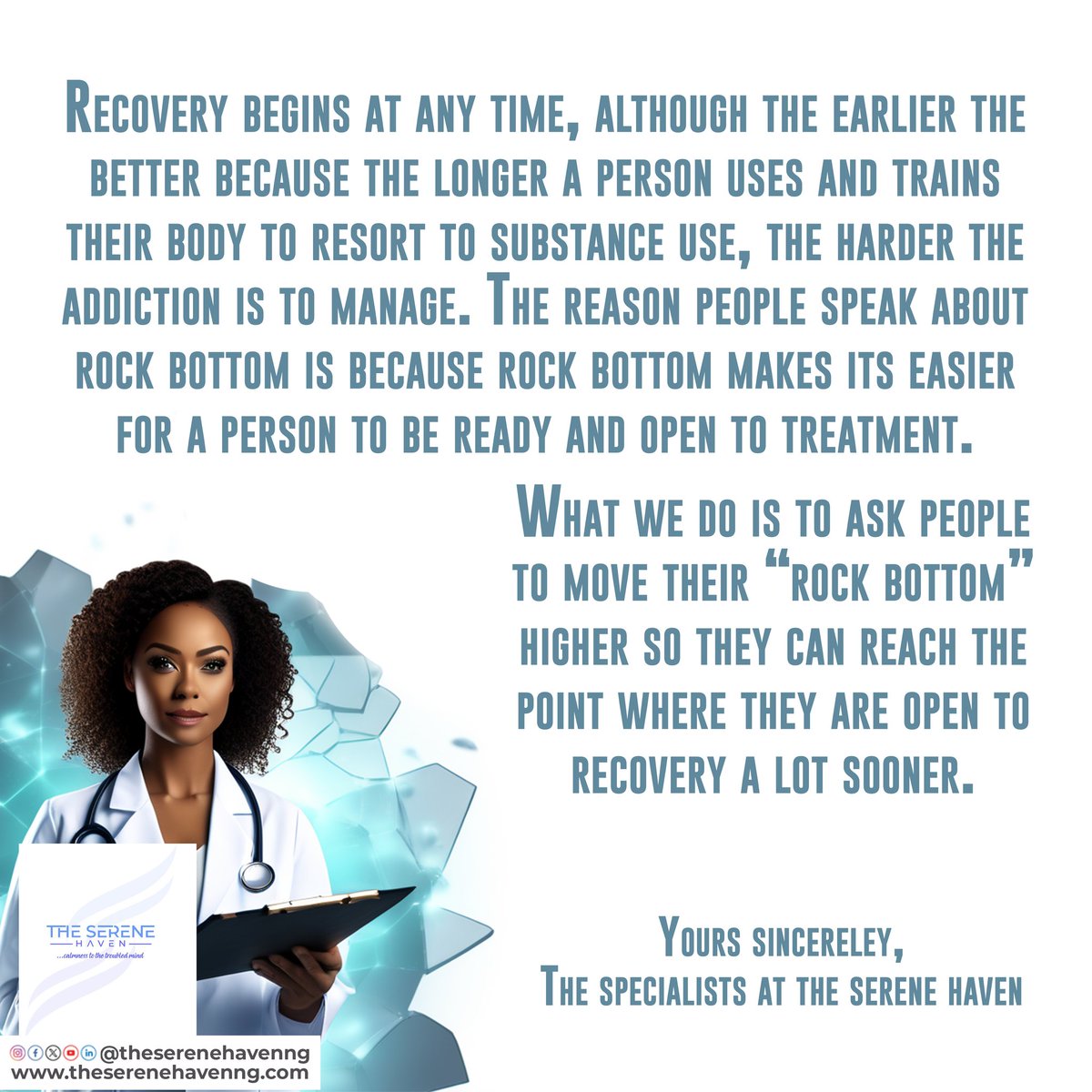 serenehavenng's tweet photo. "Those with substance use disorders (SUD) have to hit "rock bottom" before they can get help... Is this true?"

________________________ Ruth from Port Harcourt

*This and every Wednesday.
#askaspecialist 
#addictionawareness 
#calmnesstothetroubledmind https://t.co/86a6giIYQZ