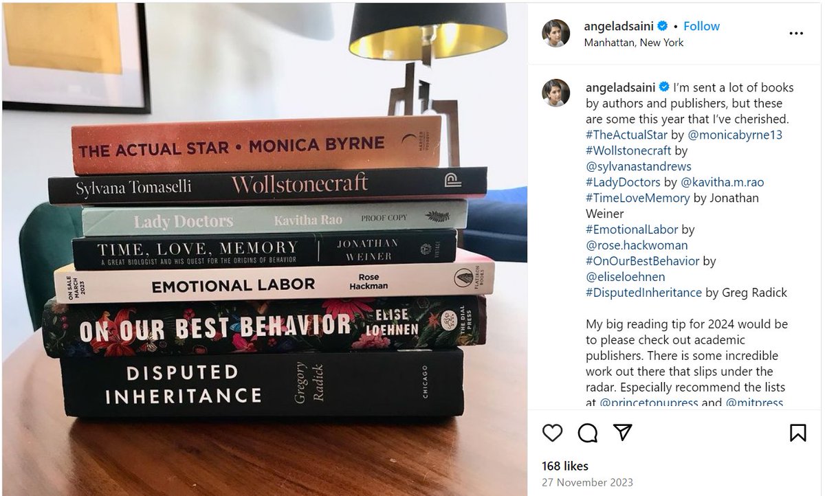 Great to see our own Greg Radick's 'Disputed Inheritance' among Angela Saini's 'cherished' books of 2023 on Instagram! press.uchicago.edu/ucp/books/book…