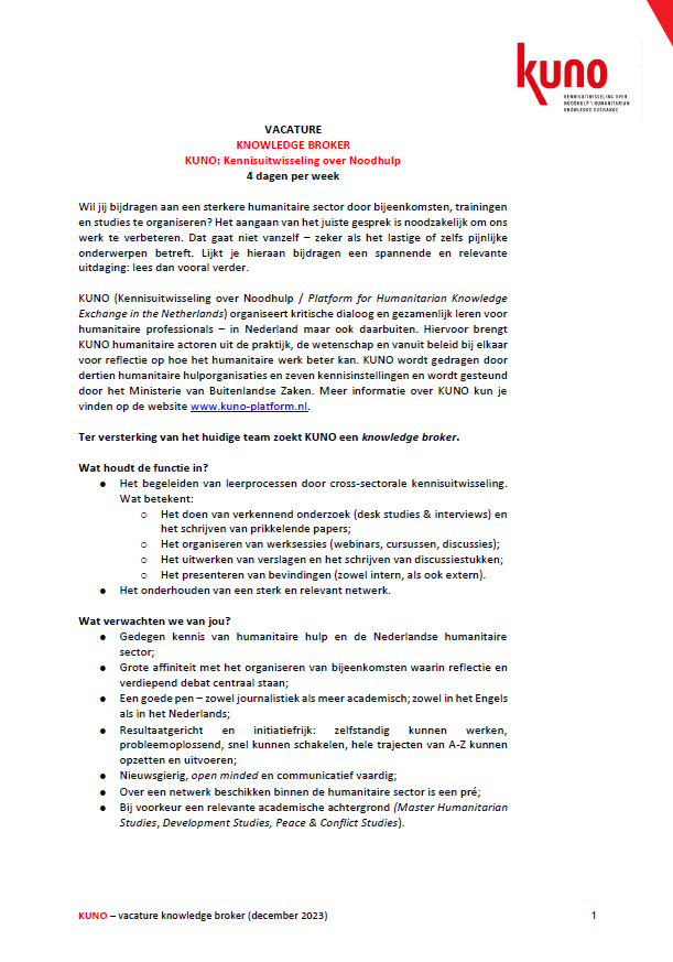 HSC_ISS's tweet image. Are you interested in working in #knowledgebrokering in the #Humanitarian Sector? Would you like to work to build critical, reflective dialogues and opportunities for knowledge sharing?

Check out this interesting job opportunity at @KUNO_platform , which is hosted at the HSC!