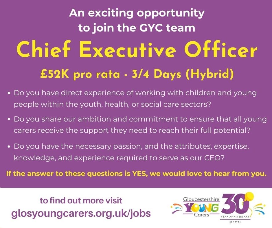 Glosyoungcarers's tweet photo. Big News! π° π£ The search for our #CEO begins... please share! The closing date for applications is Monday 15th January at 10:00am. Download the candidate pack here: https://t.co/auTEXewOBb
#Hiring #Recuriting #JoinTheTeam #Gloucestershire #YoungCarers https://t.co/LfD6JZO9DQ