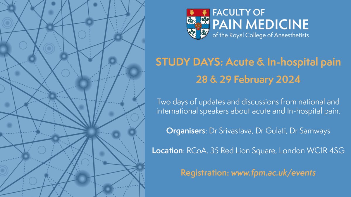 We have extended the Early Bird deadline for our Acute & In-hospital pain Study Days in February. Book until Friday, 19 January and get 20% off the full price. fpm.ac.uk/events/fpm-stu…