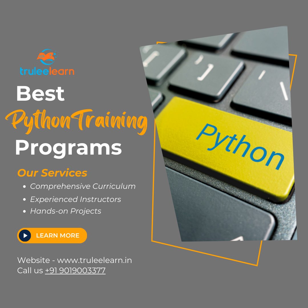 truleelear21395's tweet image. In Phython course, we'll unravel the enchanting secrets of Python, making coding accessible and downright fun.
Discover more on our Website - truleelearn.in
Shoot us an email - info@truleelearn.in
Give us a call: +91 9019003377
#PythonMastery #CodeWithCreativity