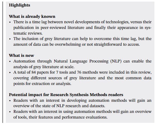 New Publication in Research Synthesis Methods: 'Automated data analysis of unstructured grey literature in health research: A mapping review' by Lena Schmidt et al @dawn_craig: shorturl.at/cer39