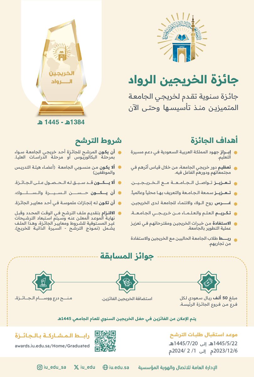 تقديرًا للعلم وأهله؛
#الجامعة_الإسلامية تستمر باستقبال طلبات المتقدمين لـ #جائزة_الخريجين_الرواد في عامها الثالث على التوالي؛ بهدف إبراز جهود المملكة العربية السعودية في دعم مسيرة التعليم، وتعظيم دور خريجي الجامعة بقياس أثرهم في مجتمعاتهم ودورهم الفاعل فيه.