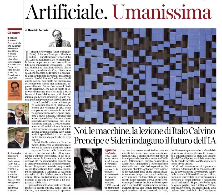 gdt62's tweet image. “Il visconte cibernetico” di @ProfPrencipe e @massimosideri , con introduzione di @MC_Carro (@CNRsocial_ ) edito da @LuissLUP via @Corriere 

#umanesimo #tecnologia #artificiale #AI #GenAI #ChatGPT #ItaloCalvino