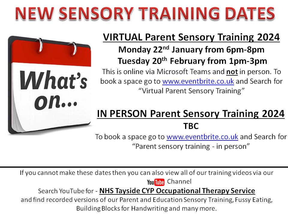 👀What's on Wednesday👀 Sensory processing is the way we make sense of the information we receive from our bodies and the environment around us! See below for dates for the upcoming trainings and how to book on. For more info please visit our website: OTCYP.scot.nhs.uk