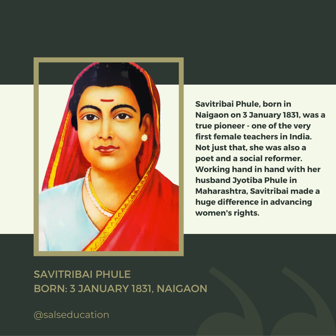 salseducation's tweet photo. Today, on the birth anniversary of Savitribai Phule, we commemorate the remarkable pioneer among India's first female teachers, a poet, and a social reformer. 
#salseducation #teacher #education #womenrights #birthanniversary #remembrance https://t.co/hLkKQWTZWo