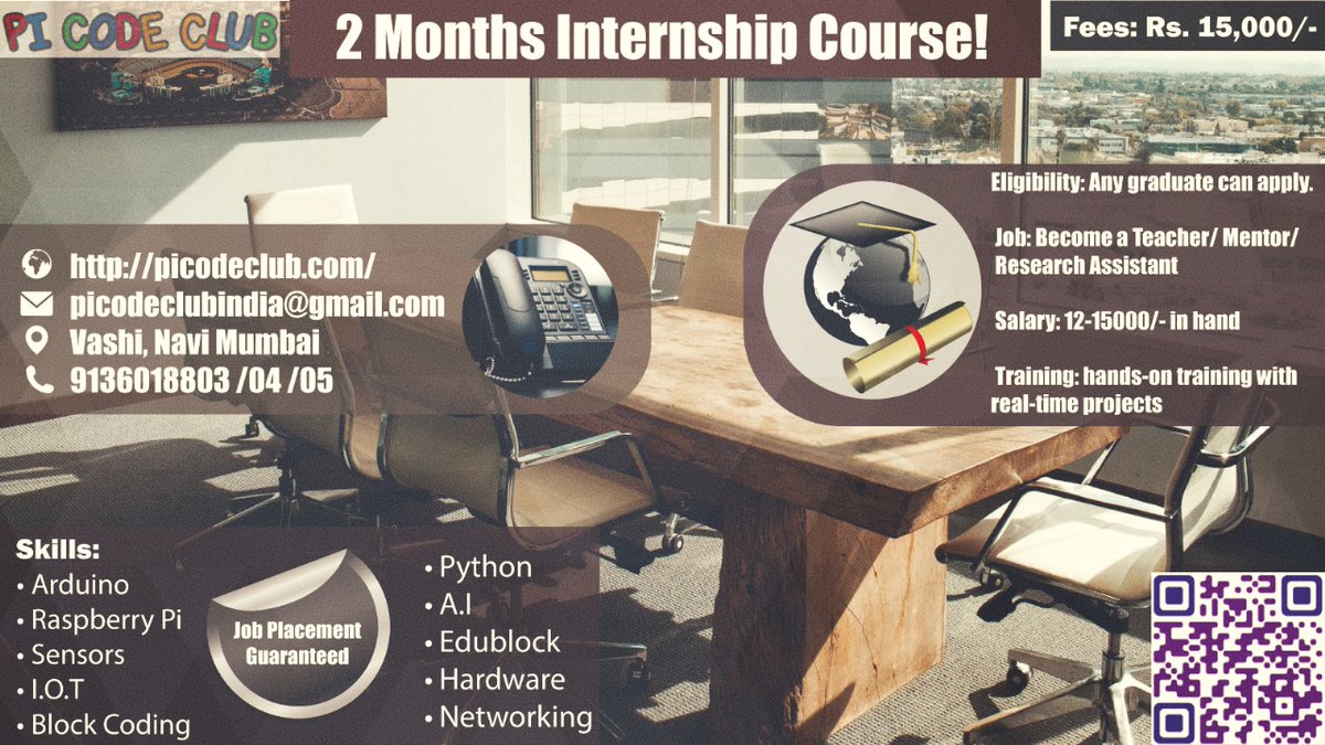 PiCodeClub1's tweet image. 📷📷 PI CODE CLUB 2-Month Internship Course: Elevate Your Tech Skills!
📷 Explore Skills:
Arduino
Raspberry Pi
Sensors
I.O.T
Block Coding
Python
A.I
Edublock
Hardware
Networking
#PICodeClub #InternshipCourse #TechSkills #CareerDevelopment #HandsOnLearning#navimumbajobplacement