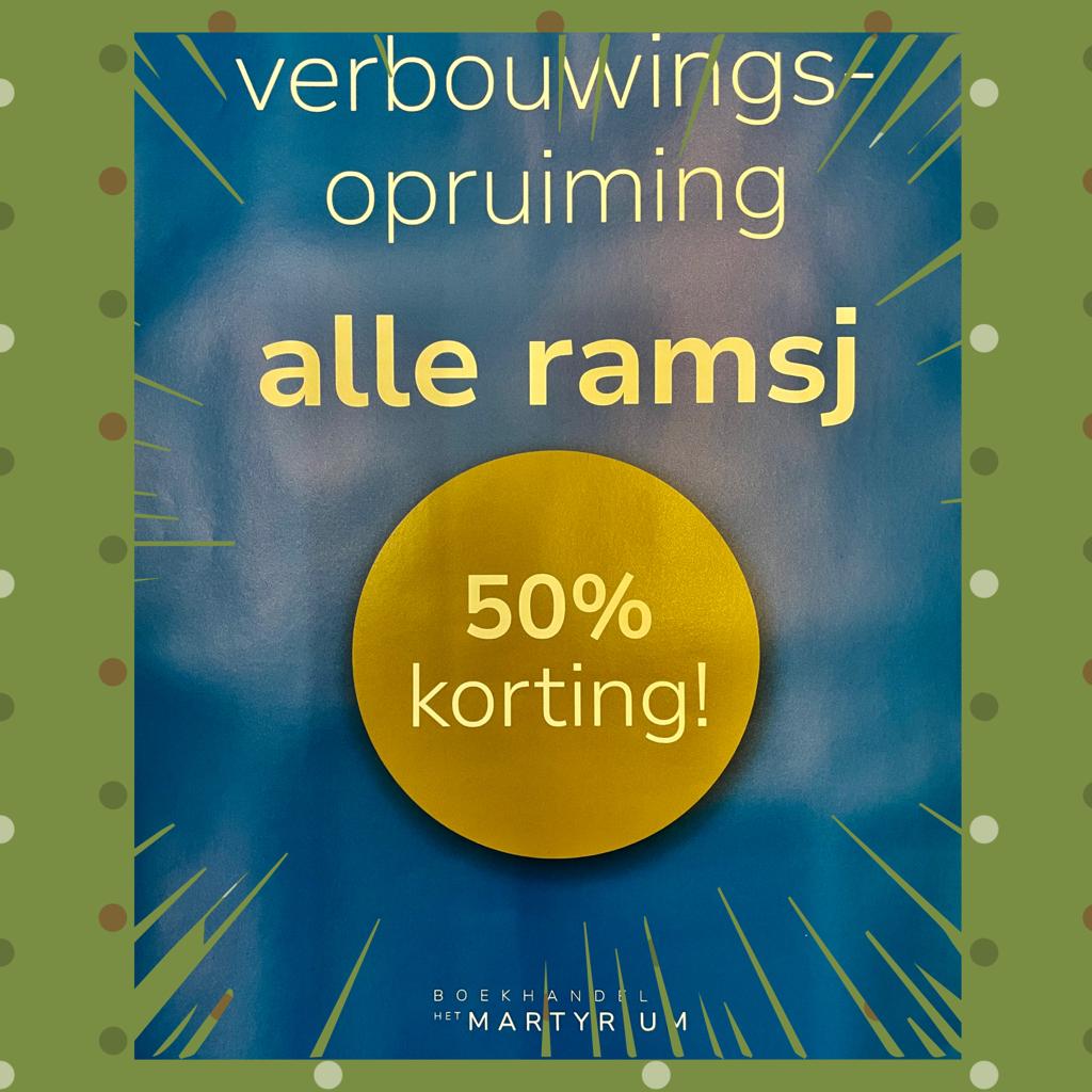Athenaeum's tweet photo. Opruiming! Vanwege de verbouwing (vanaf 8 januari) nu 50% #korting op alle ramsj bij @HetMartyrium. Kom langs &amp; profiteer!