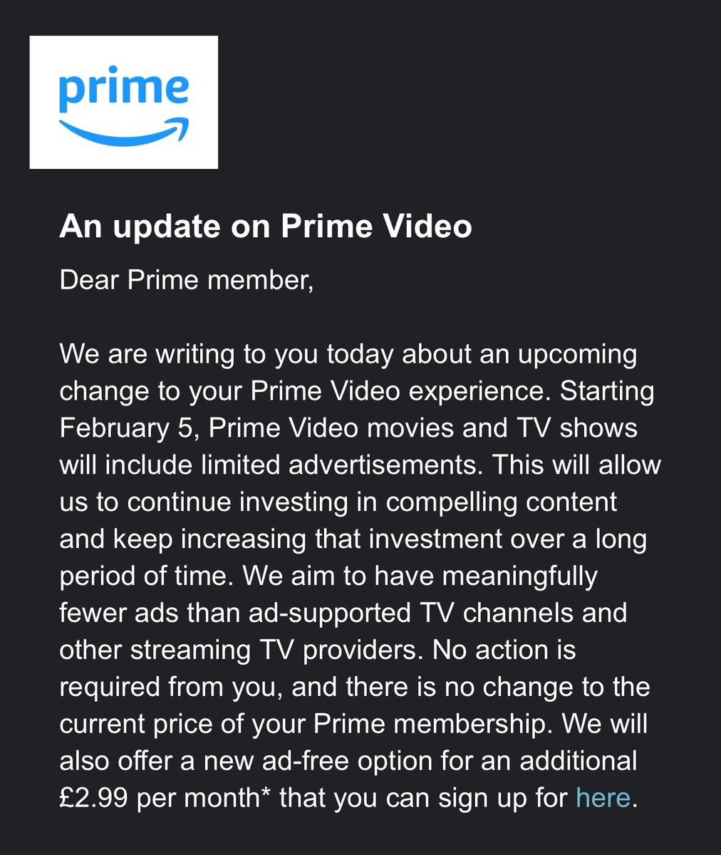Matt Dykes (@mattzombiedog) on Twitter photo I guess <a href="/PrimeVideo/">Prime Video</a> would rather people pirate their content than watch it on their platform. This is such a dumb move and will backfire. #NoAds #PrimeVideo I guess <a href="/PrimeVideo/">Prime Video</a> would rather people pirate their content than watch it on their platform. This is such a dumb move and will backfire. #NoAds #PrimeVideo