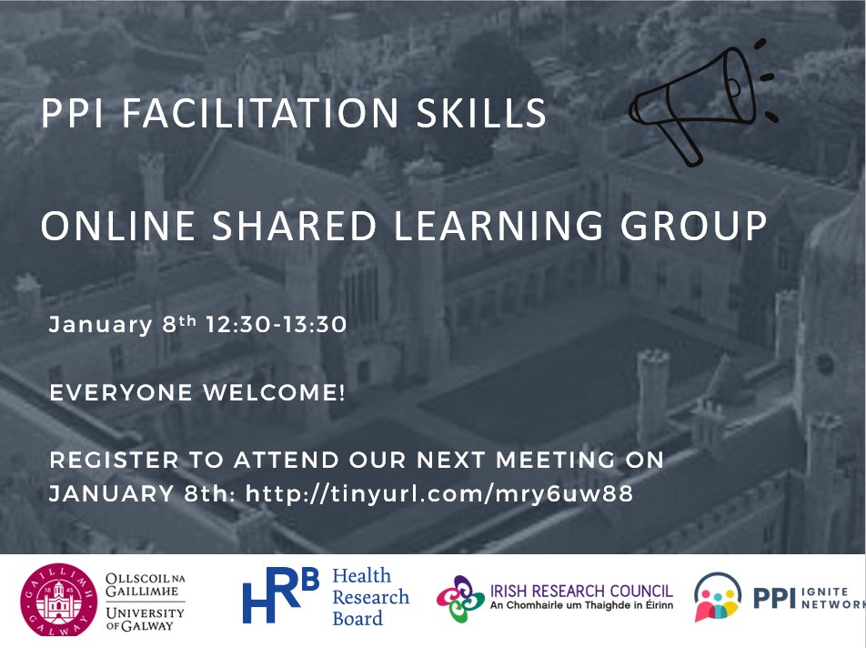 PPI_Galway's tweet photo. Happy New Year!
Here's gentle reminder for our PPI Facilitation Skills Shared Learning Group on the 8th January 2024 from 12:30-13:30pm
Share what you've learned and learn from others!
🌟Everyone welcome
Register here; https://t.co/6oVMEctFI7 https://t.co/jsYJknBWt1