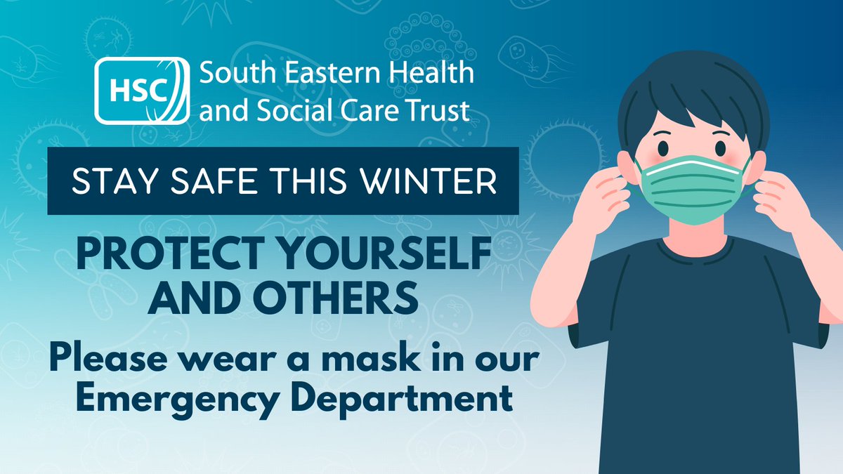 Respiratory illnesses are on the rise across Northern Ireland.

When visiting our Emergency Department please consider wearing a mask to protect yourself and others.

Help us reduce the spread by attending alone or if necessary, with only one other person.

Thank you.