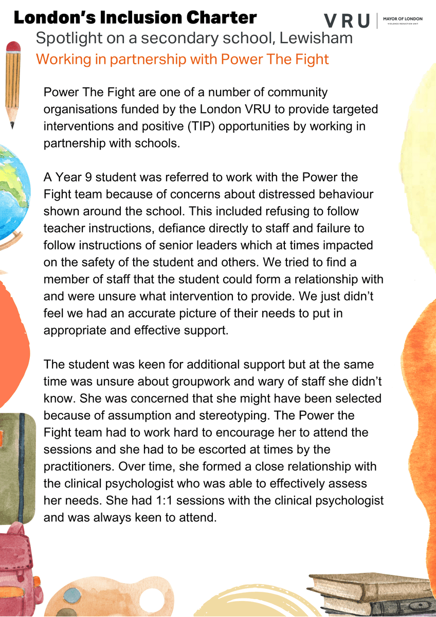 LDN_VRU's tweet image. 🏫 Our #PromisingPractice spotlight this week is highlighting the effective therapeutic work delivered by @PowerTheFightUK 

💡 This spotlight reveals the benefit of 1:1 sessions with a clinical psychologist for a year 9 student in @LewishamCouncil 

#LondonsInclusionCharter