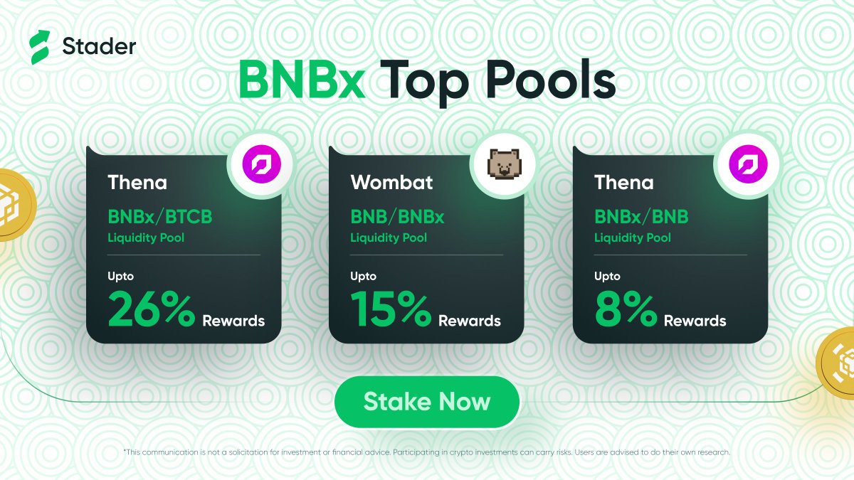 Top BNBx pools of this week are out. 🌊 Use them to boost your #BNB with DeFi rewards. Mint $BNBx with Stader by staking BNB. And add liquidity on: ◦ @ThenaFi_ ◦ @WombatExchange Stake Now: bit.ly/3TKrPyK