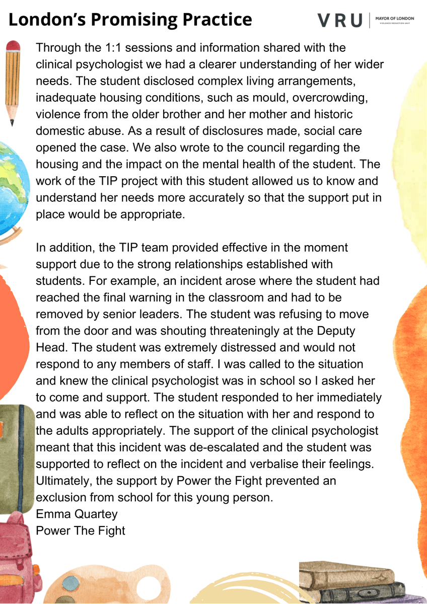 LDN_VRU's tweet image. 🏫 Our #PromisingPractice spotlight this week is highlighting the effective therapeutic work delivered by @PowerTheFightUK 

💡 This spotlight reveals the benefit of 1:1 sessions with a clinical psychologist for a year 9 student in @LewishamCouncil 

#LondonsInclusionCharter