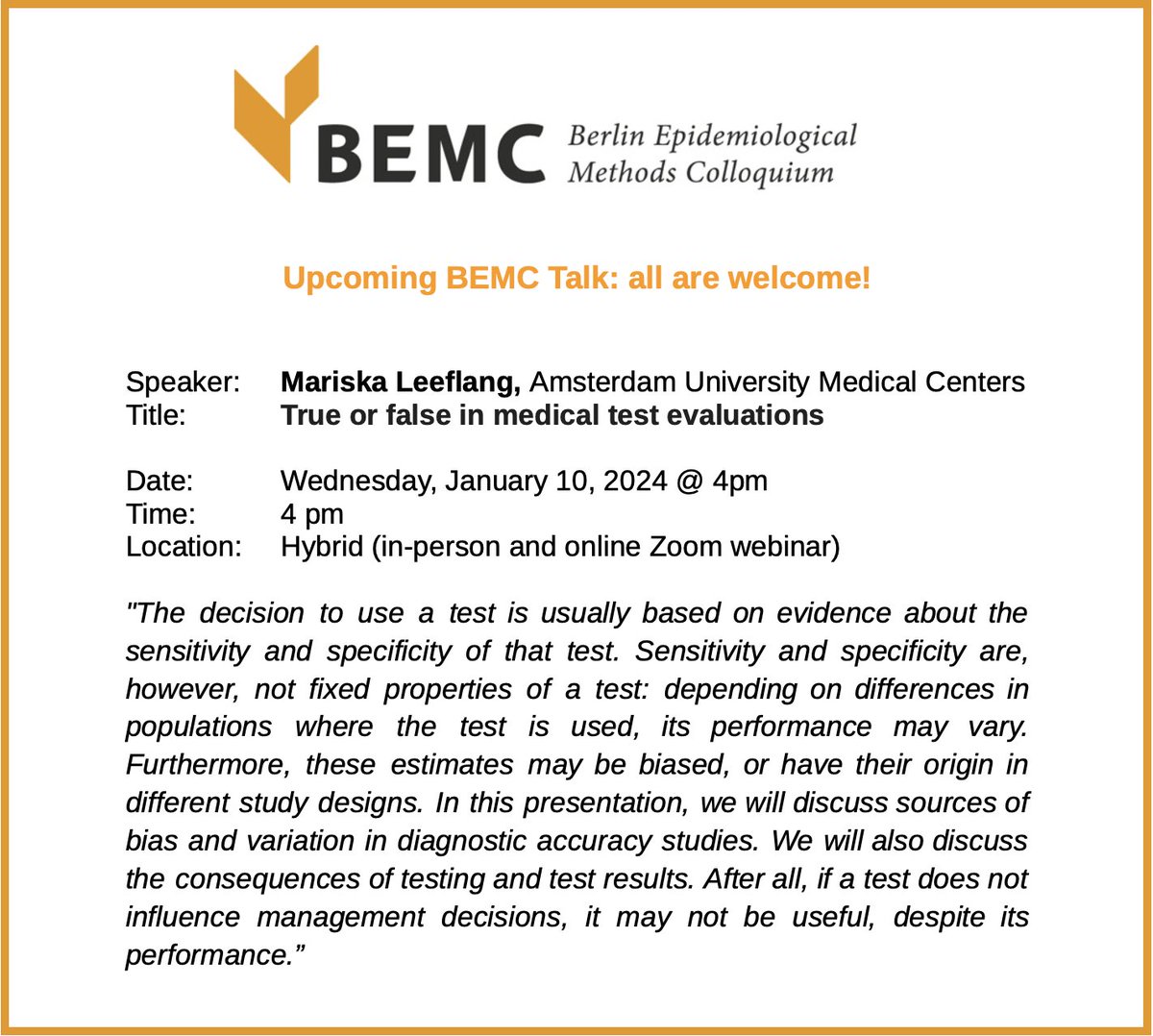 We are VERY excited for our first Talk of 2024! Join us in person or online on January 10 at 4pm #Berlin time as Mariska Leeflang from <a href="/amsterdamumc/">Amsterdam UMC</a> presents "True or false in medical test evaluations"

Check out registration details below 👇

<a href="/leeflang_m/">Mariska Leeflang</a> #epitwitter #DataScience