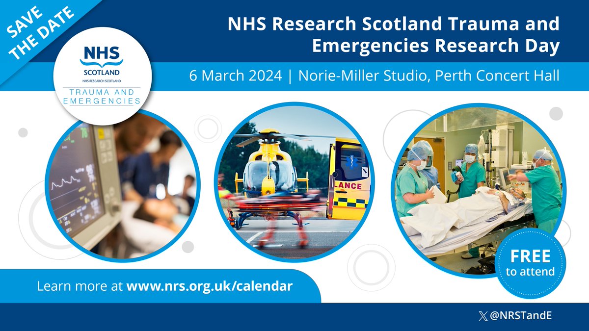 NHS Research Scotland (@nhsresearchscot) on Twitter photo 📆 Registration now open! <a href="/NRSTandE/">NRS Trauma and Emergencies Specialty</a> are hosting their 2024 Research Day on Wednesday 6 March at <a href="/perthTCH/">Perth Theatre and Concert Hall</a>.
Register 👉 nhsresearchscotland.org.uk/calendar/nhs-r… 📆 Registration now open! <a href="/NRSTandE/">NRS Trauma and Emergencies Specialty</a> are hosting their 2024 Research Day on Wednesday 6 March at <a href="/perthTCH/">Perth Theatre and Concert Hall</a>.
Register 👉 nhsresearchscotland.org.uk/calendar/nhs-r…