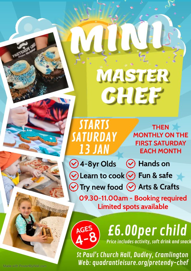 Mini Master Chef for kids aged 4-8. Children will get the freedom to explore, experiment & make some fabulously fun culinary chaos in a safe environment. 
Sat 13 Jan, 9.30-11am. St Paul's Church, Dudley NE23 7HR.
#kidscooking #pretendychef
bookwhen.com/pretendychef?t…