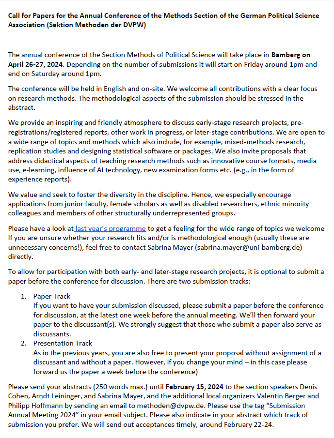 @denis-cohen.bsky.social (@denis_cohen) on Twitter photo 🚨 Call for Abstracts
▶️ SekMethoden Annual Conference 2024
🗓️ Bamberg, April 26-27, 2024
⏰ Deadline: February 15, 2024
<a href="/sabrinajmayer/">Sabrina J Mayer</a>, <a href="/a_leininger/">Arndt Leininger</a> and I look forward to receiving your abstracts! 🚨 Call for Abstracts
▶️ SekMethoden Annual Conference 2024
🗓️ Bamberg, April 26-27, 2024
⏰ Deadline: February 15, 2024
<a href="/sabrinajmayer/">Sabrina J Mayer</a>, <a href="/a_leininger/">Arndt Leininger</a> and I look forward to receiving your abstracts!