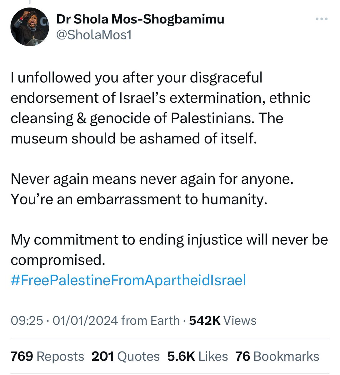 SholaMos1's tweet photo. To the morally bankrupt genocide apologists & antisemitism weaponisers: (and no I’m not shouting…..🙄)

✊🏾I unapologetically & unreservedly stand by my criticism of the Auschwitz Museum’s selective humanity.  No institution or Govt is above reproach or criticism. A museum that brings to light the horrific genocide done to one but pledges unwavering support to a State in the midst of committing another genocide should expect criticism for its hypocrisy & double standards like any other institution in its position. It undermines every good work it does. It’s neither antisemitic or anti Jewish to call it out. Speaking up for Palestinians doesn’t equate to speaking against Jewish people or the Holocaust. Stop conflating the State of Israel with Jewish people. Never again means for ALL not for some.

If you’re offended by my position, please stay offended. The exterminated 22000+ Palestinians (inc 10,000 children) & millions more being subjugated by the Apartheid State of Israel would like to have word with you. #Gaza_Genocide #FreePalestine