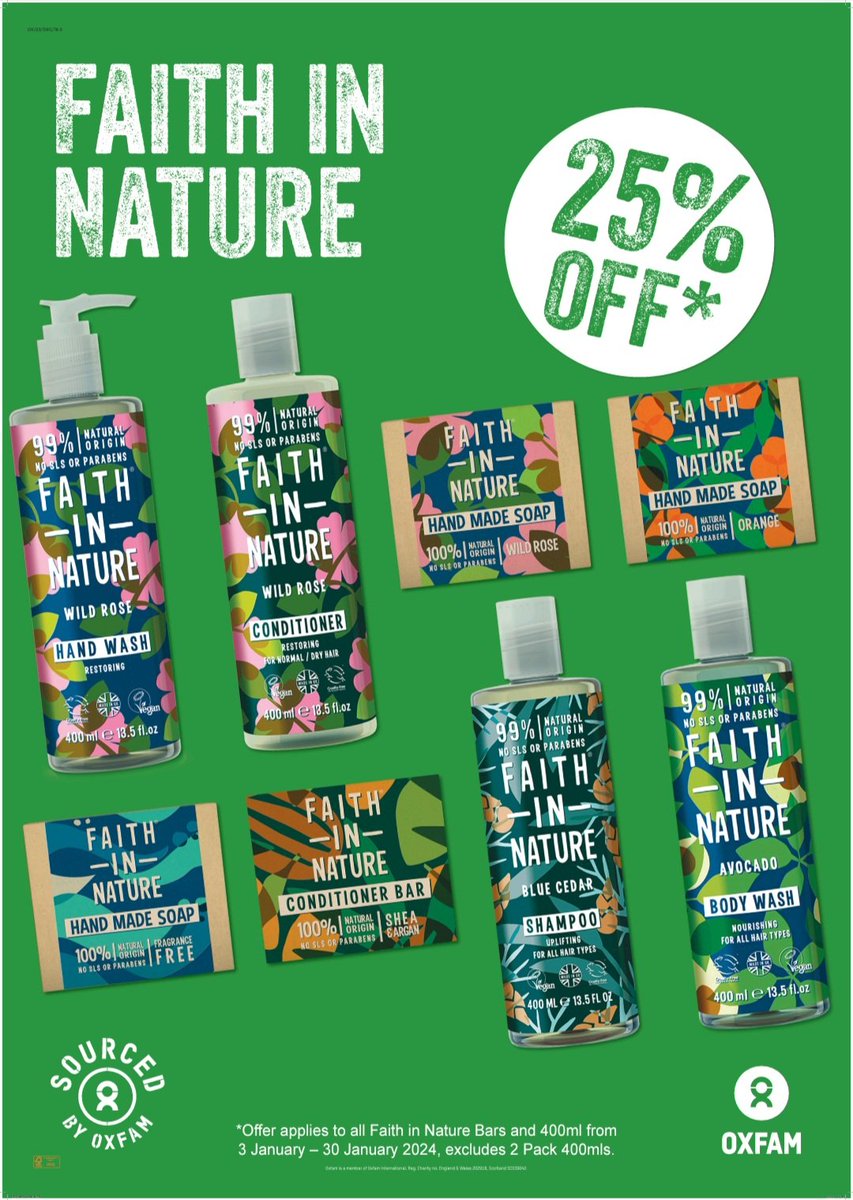 We've got two great new year offers starting today at your local #Oxfam #Harpenden! Firstly, we're taking 25% off fabulous @FaithInNature until 30th January! Come for a browse and choose your favourites! We're open 10am to 5pm Mon to Sat at 3, Harding Parade #SourcedByOxfam