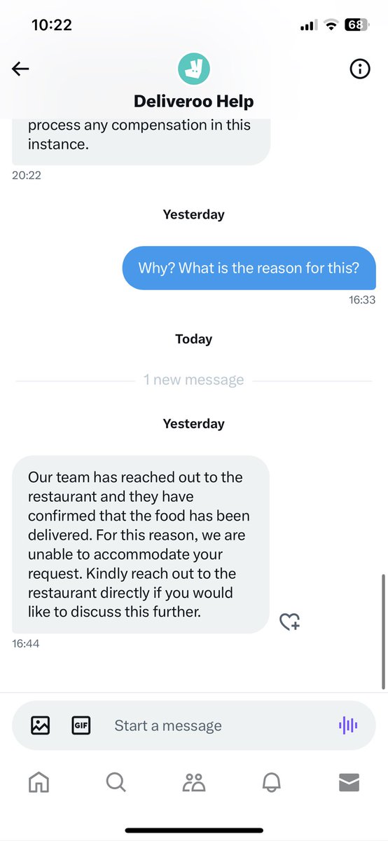 Bijpat12's tweet photo. @DeliverooHelp @Deliveroo absolute horrific customer service. How can you say because our delivery came TWENTY FOUR hours late you can’t give ANY compensation. So I paid £5 small order charge, £9 delivery and £1 service charge to you for what? Dinner a day later?? https://t.co/CvN21FxoFY