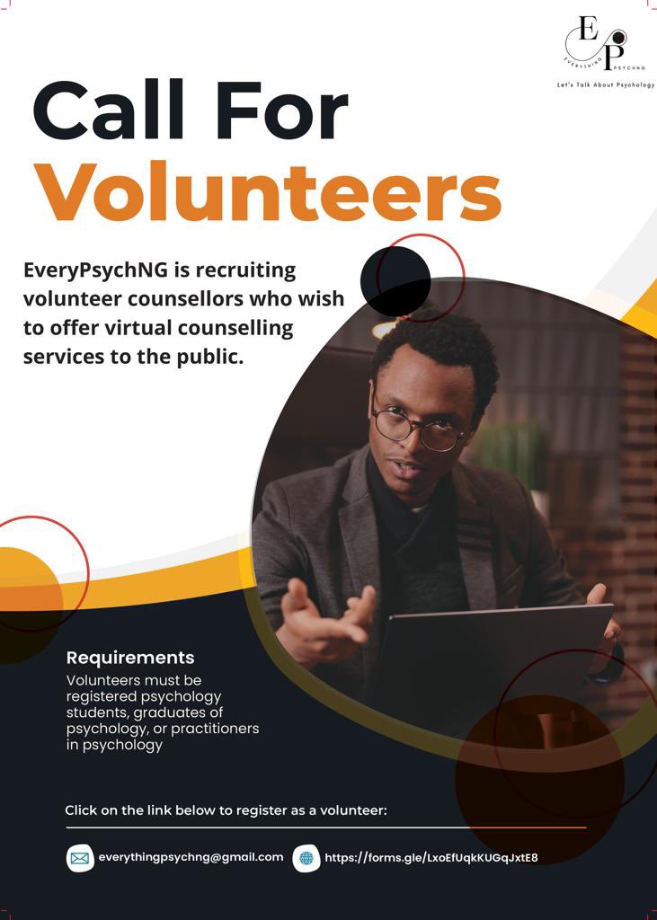 EvthingPsychng's tweet photo. Dear aspiring counsellor,

The Everything Psych NG (EPNg) Counselling Team is recruiting volunteer counsellors who wish to offer virtual counselling services to the public. https://t.co/IS3v2JccXX