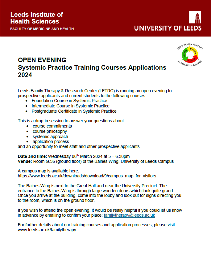 SystemicLeeds's tweet photo. Happy new year all! We are pleased to let you know details of our Open Evening for the 2024-25 intake of the Foundation, Intermediate and PGCert level courses. Email familytherapy@leeds.ac.uk to let us know if you plan to attend. Please pass on to potential applicants. https://t.co/ZXeMvtedwq