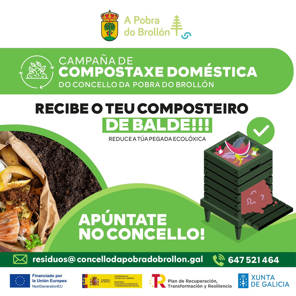 APobra's tweet image. ♻🌱 Campaña de #compostaxe doméstica. Dende o Concello, poñemos á túa disposición composteiros e aireadores de uso doméstico. 👉 Para reservalos só tes que inscribirte en: pobradobrollon.rsu.gal
Máis info 🔗 concellodapobradobrollon.gal/gl/nova/lanzam…
#APobradoBrollón