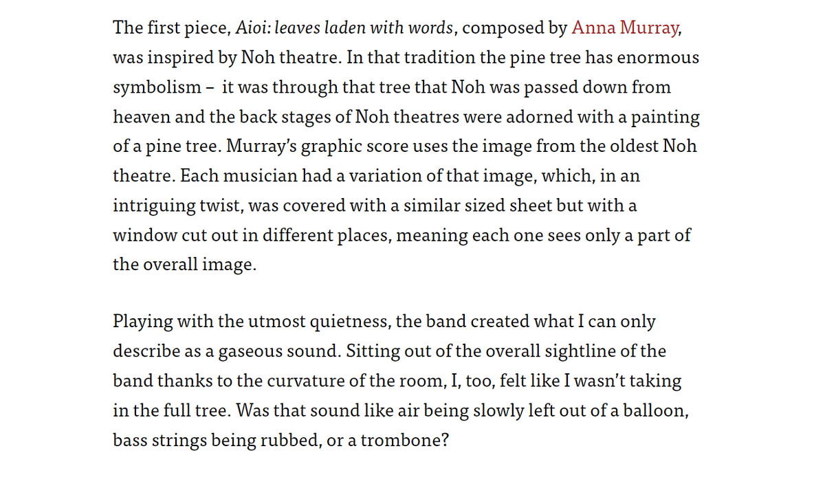 annamurraymusic's tweet photo. If you missed it, Don gives a beautiful evocative description of the @QuietMusicEns performance -  "I found it quite astonishing, and I left the venue slightly dazed, feeling as if I had fallen up a staircase"  -  including my piece with guest @laurasampson, Aioi. https://t.co/3QNLnvHg1w