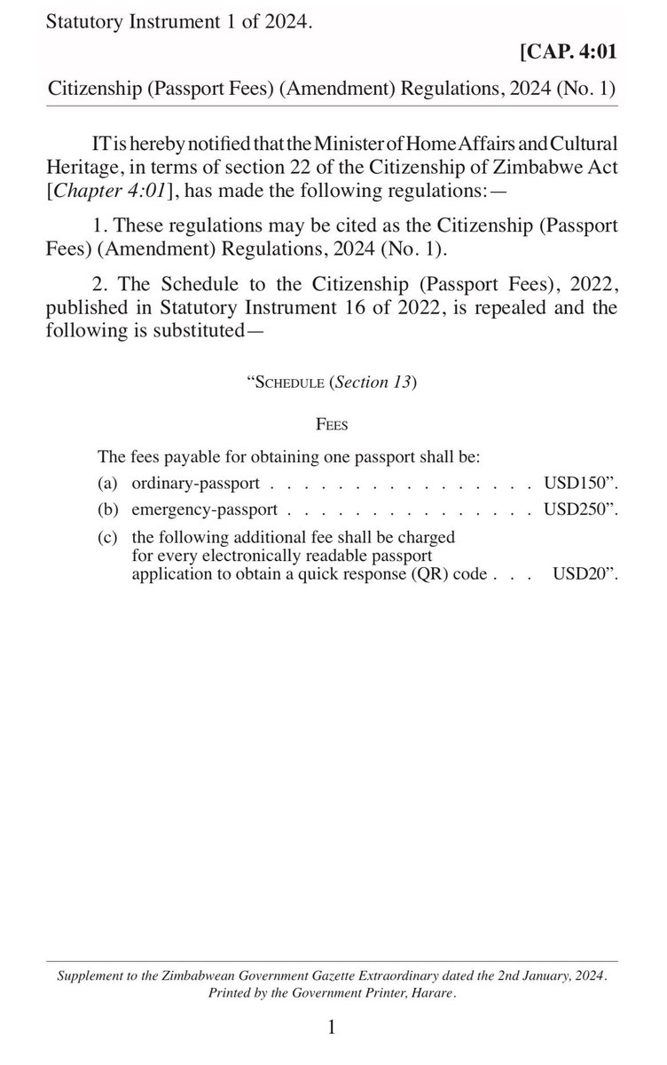 New passport fees have been gazetted and now come into effect. An ordinary passport is up from US$120 to US$150. There’s an extra US$20 fee to get a QR code on your passport.