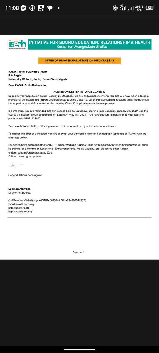 Youngkizzy500's tweet photo. I'm glad to have been admitted for ISERH Undergraduate Studies Class 12 #iusclass12 of @iserhnigeria where I shall be trained for 5 months on Leadership, Entrepreneurship, Media Literacy, etc, alongside other African undergraduates/graduates at no Cost. Follow me as I give update https://t.co/n3xTCxsuyh